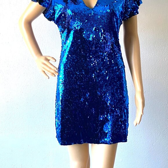 Blue Sequin Mini Dress Flutter Sleeves Disco Party Size Medium Statement Dress - Picture 6 of 9